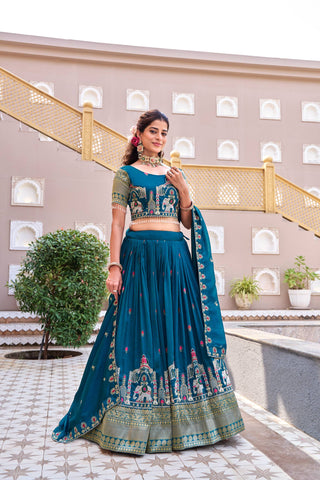 Exclusive Teal Blue Vichitra Embroidery Lehenga Choli