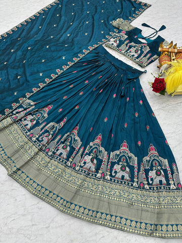 Exclusive Teal Blue Vichitra Embroidery Lehenga Choli