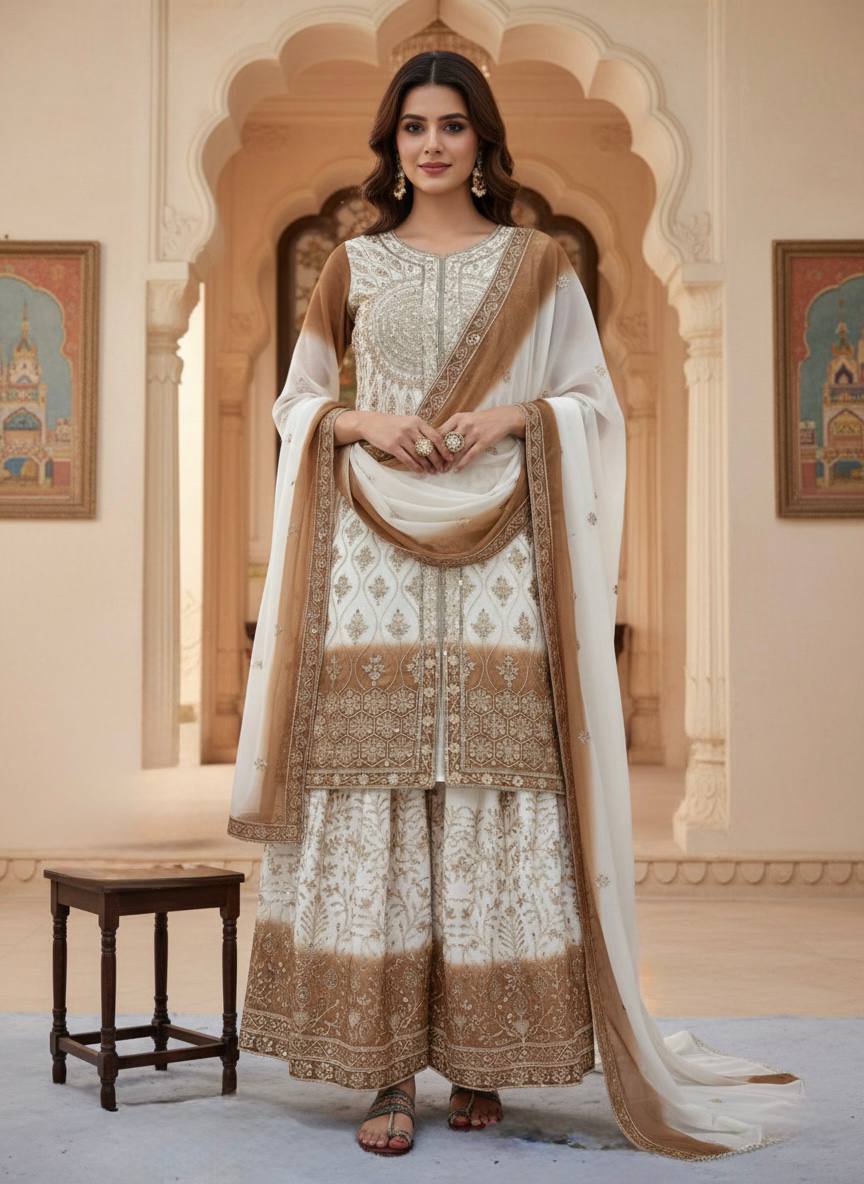 Lovely Brown Georgette with Sequence Work Palazzo Suit