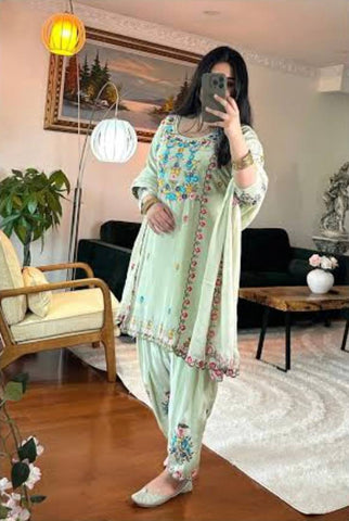 Amazing Light Green Chinnon Silk with Sequence Work Sharara Suit