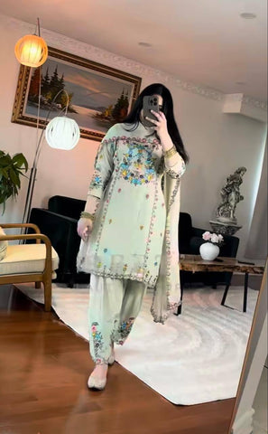 Amazing Light Green Chinnon Silk with Sequence Work Sharara Suit