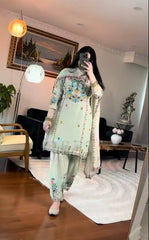 Amazing Light Green Chinnon Silk with Sequence Work Sharara Suit