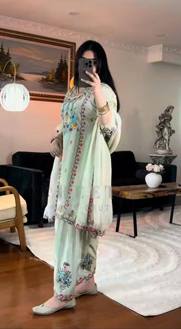 Amazing Light Green Chinnon Silk with Sequence Work Sharara Suit
