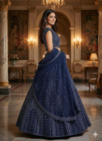 Elegant Navy Georgette Embroidery Lehenga