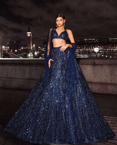 Elegant Navy Georgette Embroidery Lehenga