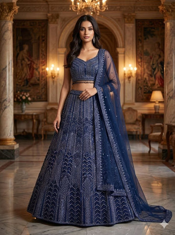 Elegant Navy Georgette Embroidery Lehenga