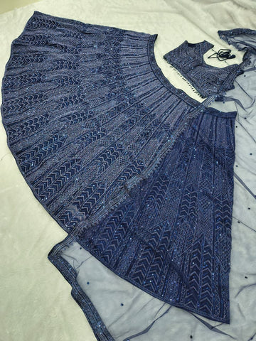 Elegant Navy Georgette Embroidery Lehenga