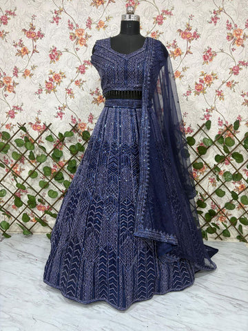 Elegant Navy Georgette Embroidery Lehenga
