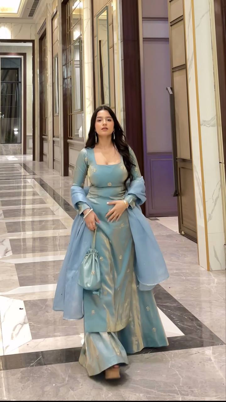 Alluring Blue Fandy Silk Sequence Work Sharara Suit