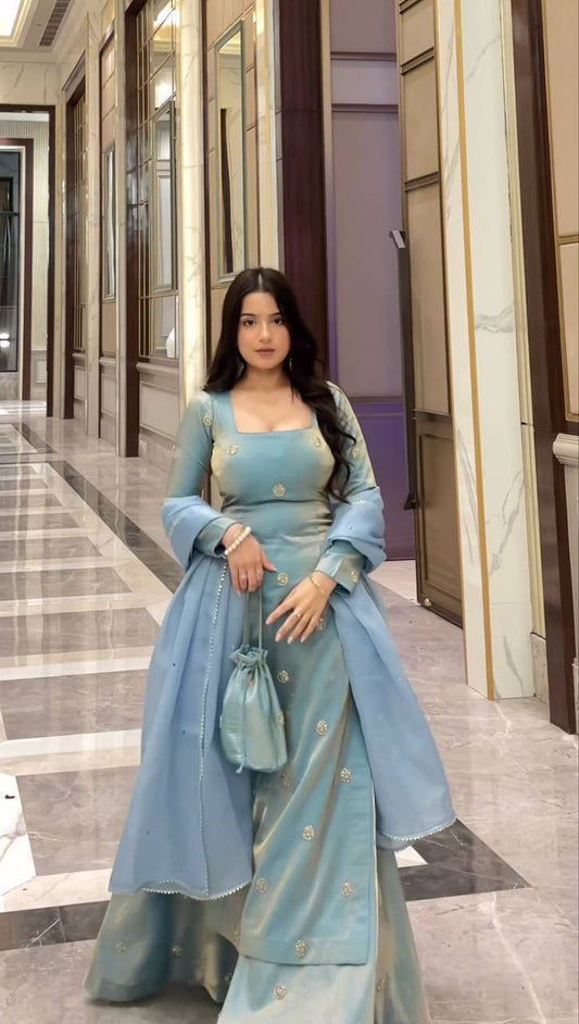 Alluring Blue Fandy Silk Sequence Work Sharara Suit