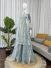 Alluring Blue Fandy Silk Sequence Work Sharara Suit