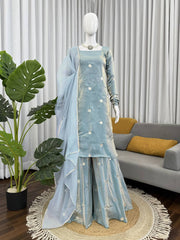 Alluring Blue Fandy Silk Sequence Work Sharara Suit