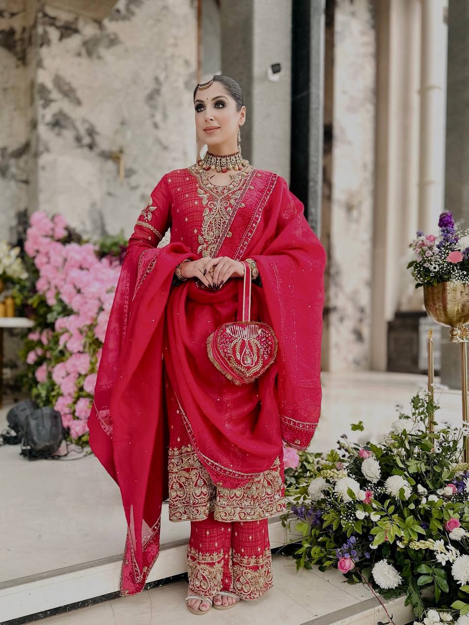 Amazing Red Crunchy Silk Sequence Work Sharara Suit