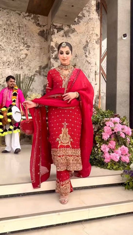 Amazing Red Crunchy Silk Sequence Work Sharara Suit