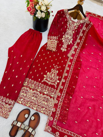 Amazing Red Crunchy Silk Sequence Work Sharara Suit