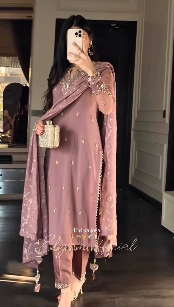 Lovely Brown Faux Georgette Embroidery Work Sharara Suit