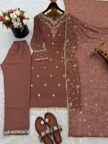 Lovely Brown Faux Georgette Embroidery Work Sharara Suit