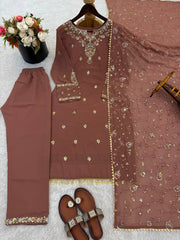 Lovely Brown Faux Georgette Embroidery Work Sharara Suit