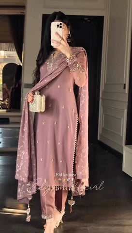 Lovely Brown Faux Georgette Embroidery Work Sharara Suit