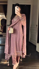 Lovely Brown Faux Georgette Embroidery Work Sharara Suit
