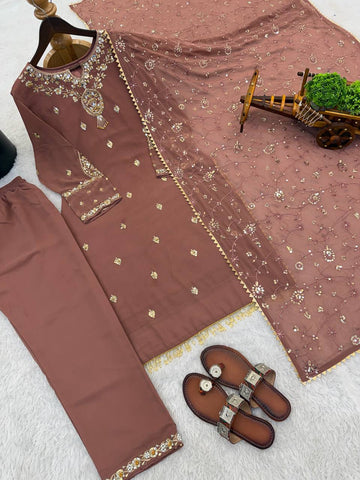 Lovely Brown Faux Georgette Embroidery Work Sharara Suit