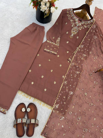 Lovely Brown Faux Georgette Embroidery Work Sharara Suit
