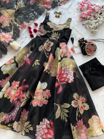 Amazing Black Organza Silk Mirror Work Anarkali Suit