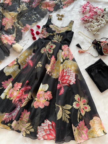 Amazing Black Organza Silk Mirror Work Anarkali Suit