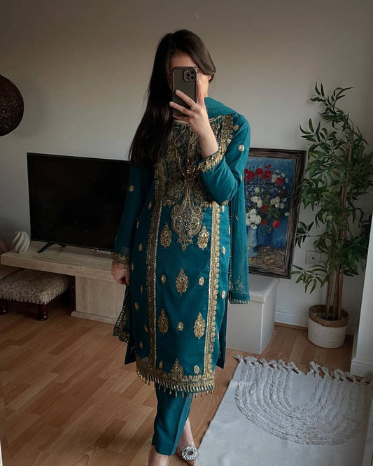 Attractive Teal Chinnon Silk with Embroidery Work Sharara Suit