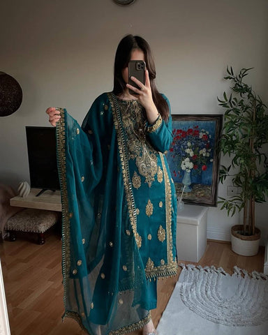 Attractive Teal Chinnon Silk with Embroidery Work Sharara Suit