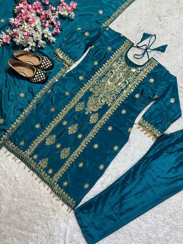 Attractive Teal Chinnon Silk with Embroidery Work Sharara Suit