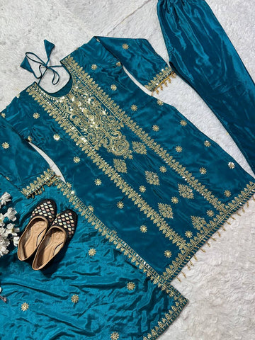 Attractive Teal Chinnon Silk with Embroidery Work Sharara Suit