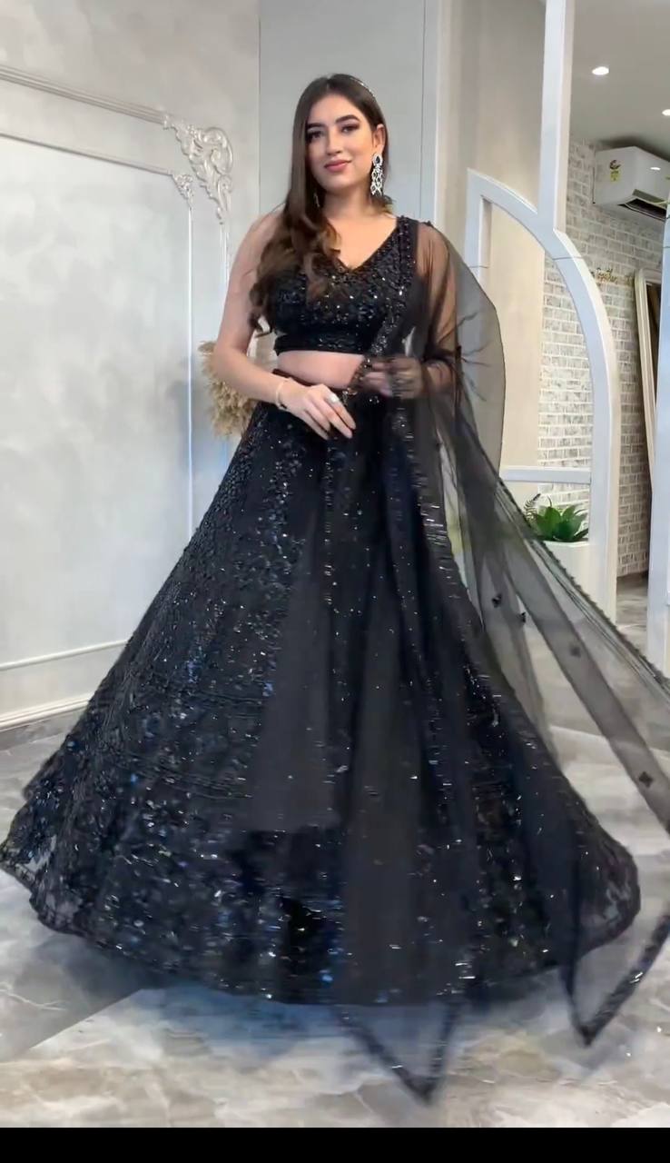 Exclusive Black Net with Sequins Work Lehenga