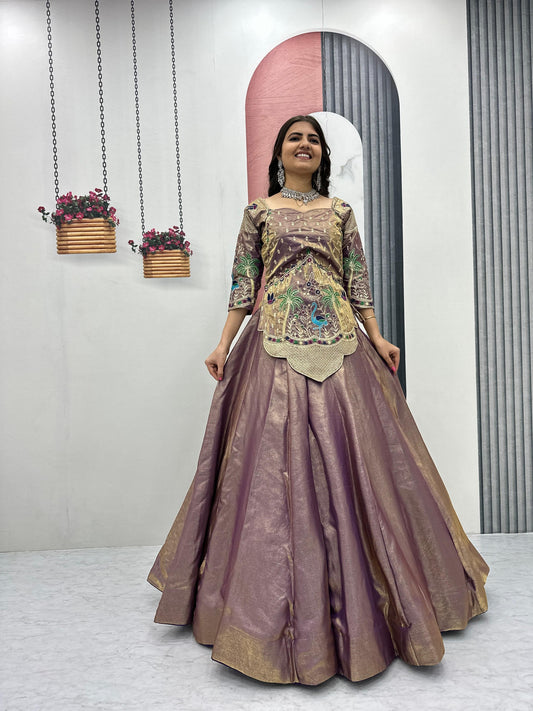 Alluring Lavender Silk Satin with Heavy Embroidery Lehenga Choli