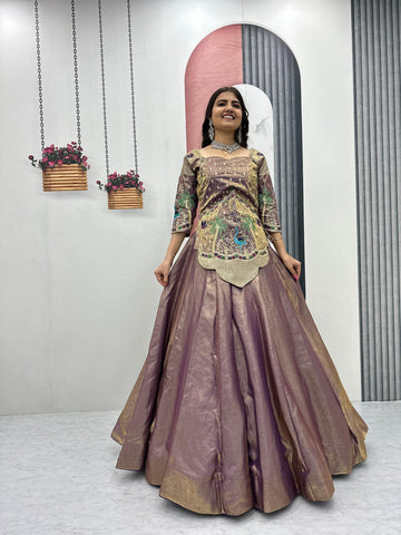 Alluring Lavender Silk Satin with Heavy Embroidery Lehenga Choli