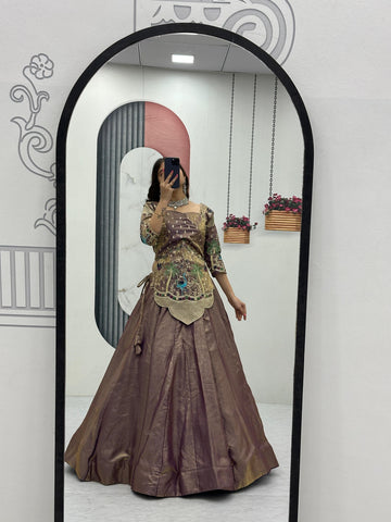 Alluring Lavender Silk Satin with Heavy Embroidery Lehenga Choli