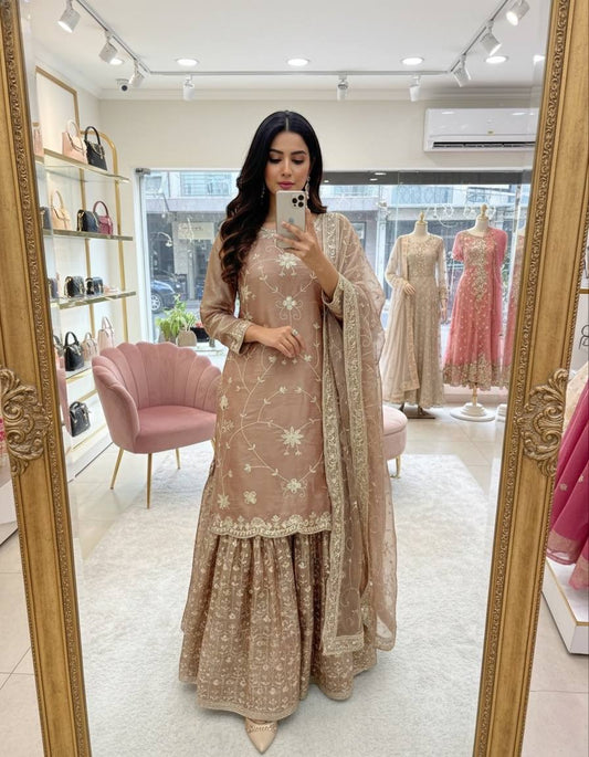 Fancy Brown Silk with Sequence Work Sharara Suit