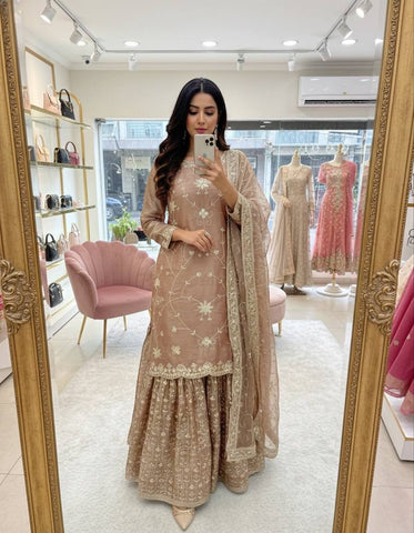 Fancy Brown Silk with Sequence Work Sharara Suit
