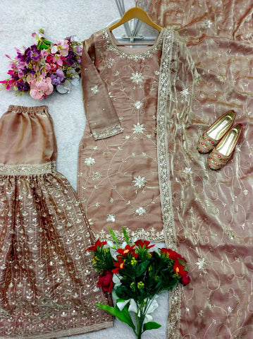Fancy Brown Silk with Sequence Work Sharara Suit
