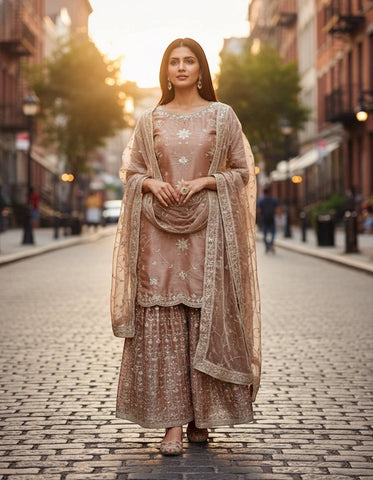 Fancy Brown Silk with Sequence Work Sharara Suit