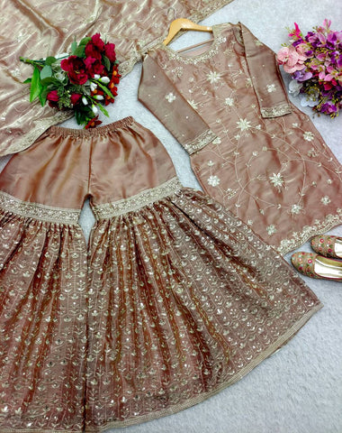 Fancy Brown Silk with Sequence Work Sharara Suit