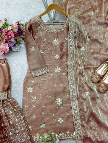 Fancy Brown Silk with Sequence Work Sharara Suit