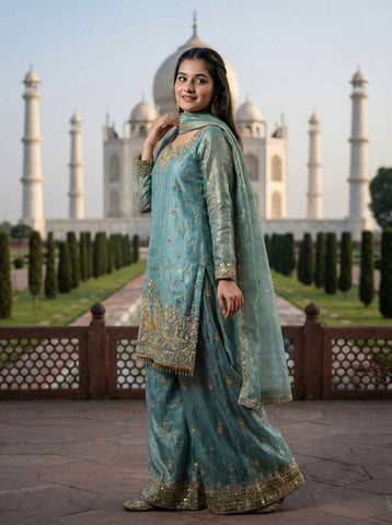 Blue Fendy Silk With Embroidery Work Sharara Suit