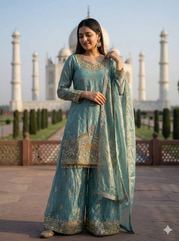 Blue Fendy Silk With Embroidery Work Sharara Suit