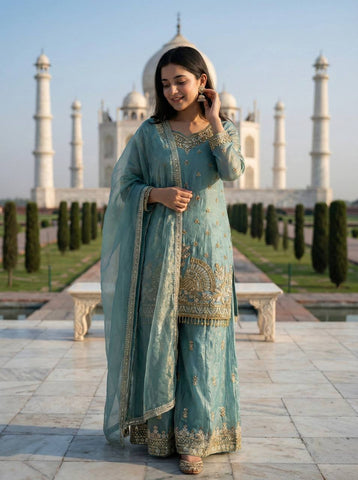 Blue Fendy Silk With Embroidery Work Sharara Suit