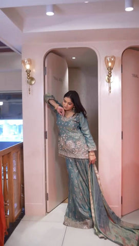 Blue Fendy Silk With Embroidery Work Sharara Suit