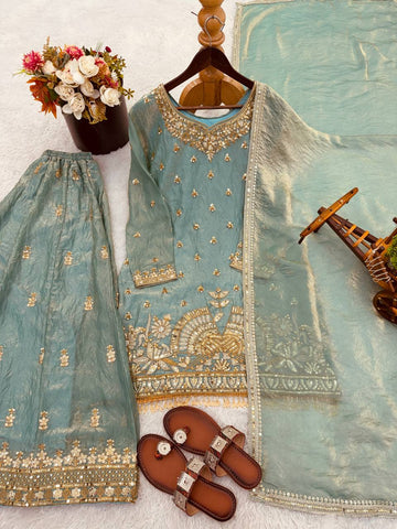 Blue Fendy Silk With Embroidery Work Sharara Suit