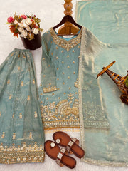 Blue Fendy Silk With Embroidery Work Sharara Suit