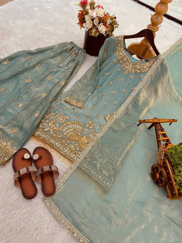 Blue Fendy Silk With Embroidery Work Sharara Suit