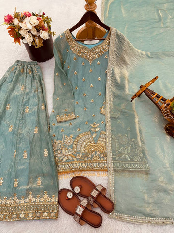 Blue Fendy Silk With Embroidery Work Sharara Suit